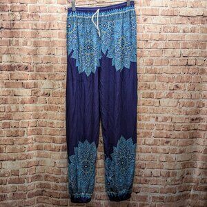 daisy island Boho Pants 100% Rayon Blue Patterned Size Large
